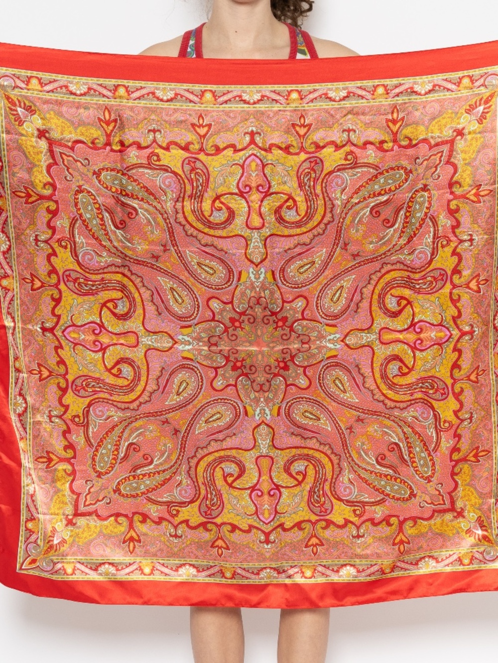 Y2k large satin scarf paisley print red orange and pink 42" by 42"